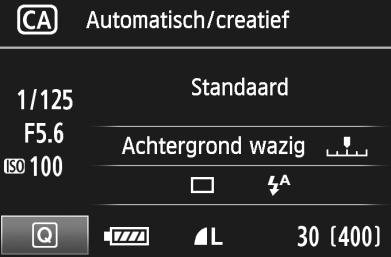 C Creatieve automatische opnamen Sluitertijd Diafragma ISO-snelheid (1) (2) (3) Batterijniveau Opnamewaliteit Maximumaantal opnamen Maximale opnamerees (1) Opname via sfeerselectie U unt de sfeer