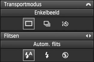 C Creatieve automatische opnamen (3) Transportmodus/Flitsen Wanneer u op <0> drut, worden de instellingenschermen voor transportmodus en flitsen weergegeven.