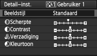 A Een beeldstijl vastleggenn U unt een basisbeeldstijl selecteren, zoals [Portret] of [Landschap], de parameters daarvan naar wens aanpassen en de stijl vervolgens vastleggen onder [Gebruier 1],