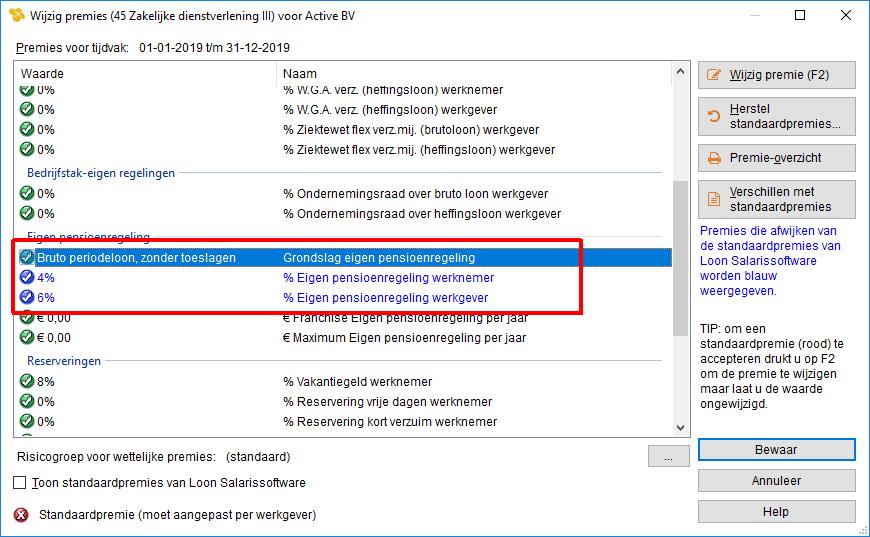 Basis eigen pensioenpremie: bruto periodeloon, zonder toeslagen Bij deze optie wordt voor de eigen pensioenpremie gerekend met sec het brutoloon per periode. Dus zonder welke toeslag dan ook.