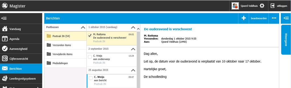 Berichten In Magister kunnen berichten naar gebruikers gestuurd worden. Dit interne berichtensysteem kan enkel binnen de school gebruikt worden. Het is niet mogelijk om vanuit dit programma te mailen.