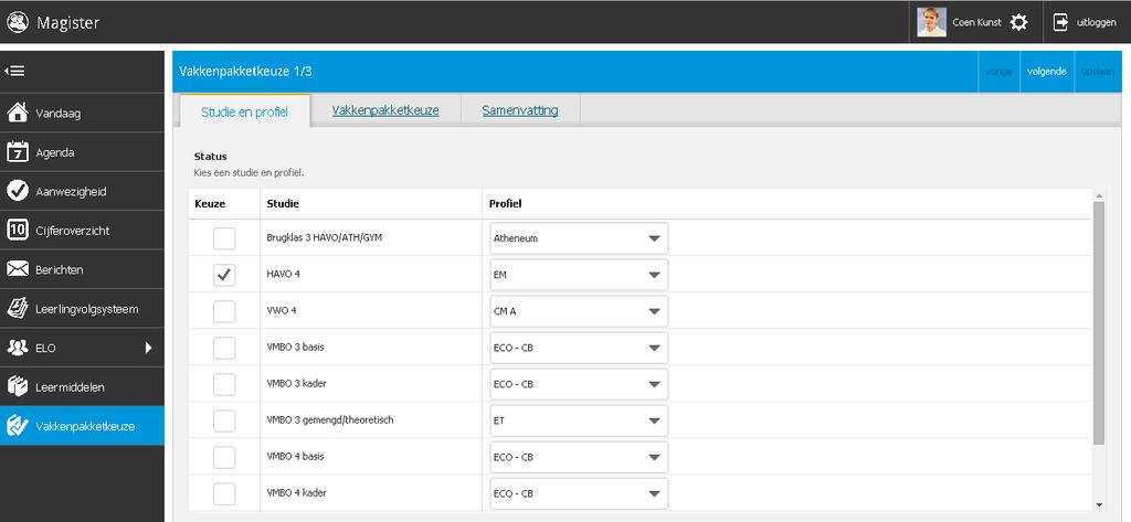 1. Studie en profiel Zet een vinkje in de kolom Keuze om een studie te kiezen. Via een uitklapmenu kan een profiel gekozen worden.