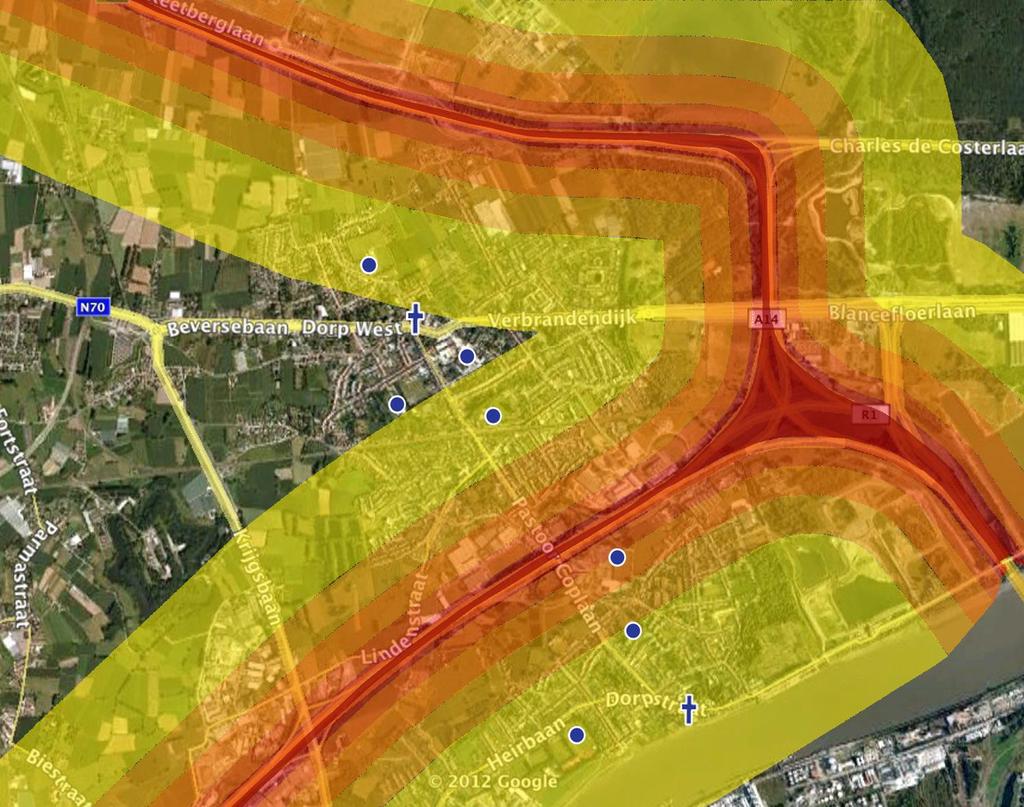 E34 500 m 300 m 100 m 1000 m R1 Zwijndrecht E17 Burcht De afstand tot de verkeersweg is, naast de intensiteit van het verkeer, de belangrijkste gezondheidsfactor.