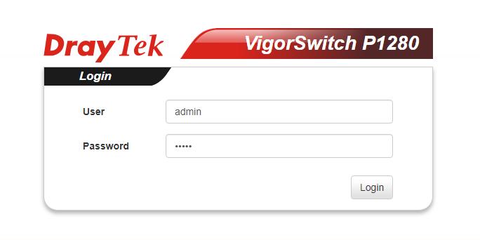Configuratie VigorSwitch P1280 U kunt middels gebruikersnaam admin en wachtwoord admin inloggen in de WebGUI van de VigorSwitch P1280.