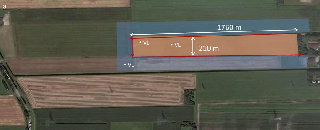 Twee voorbeelden van looproutes (rode pijlen) bij twee beheereenheden: een smalle akkerrand van 210 meter en één van 310 meter.