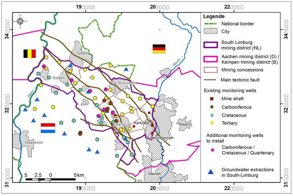 Figuur 6 Huidig mijnwatermeetnet en locatie nieuwe diepe boringen. 7 Conclusies In de afgelopen jaren is uitgebreid onderzoek gedaan naar de naijlende effecten van de mijnbouw in Limburg.