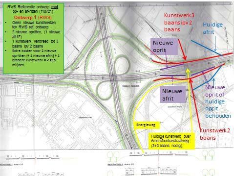 Ontwerp 1 Basis gedachte van dit ontwerp is om de verbindingsboog A28 Zuid/A1 Oost ten zuiden van de huidige A1/Amersfoortsestraat viaduct te positioneren.