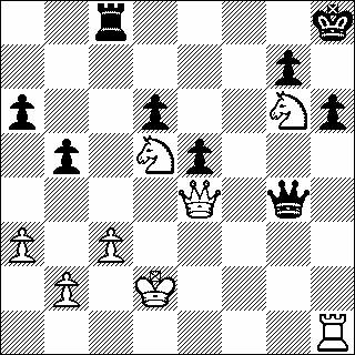 Kxh2 Dh4+ Weliswaar is het meest grove geschut nu op de plaats van bestemming gekomen nog steeds vecht zwart met een los legeronderdeel! Wit staat nu totaal gewonnen. 28.Kg2 Dg5+ (28...Dxe4+) 29.