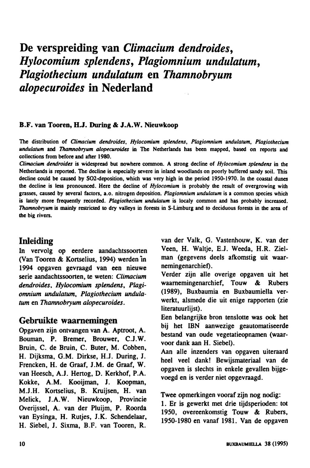 De verspreiding van Climacium dendroides, Hylocomium splendens, Plagiomnium undulatum, Plagiothecium undulatum en Thamnobryum alopecuroides in Nederland B.F. van Tooren H.J. During & J.A.W.