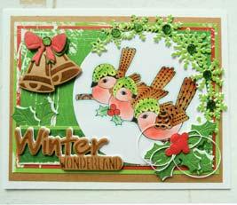 Collectables: COL1362 (Sneeuwglobe), Craftables: CR1343 (Kerstklokken met hulst), CR1345 (Boog met ijskristallen), CR1347 (Winter Wonderland), Clear stamps: EWS2213, Stempelinkt: zwart, Distressinkt: