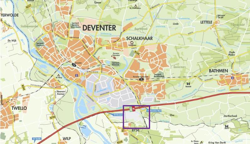 Hoofdstuk 2 2.1 Planbeschrijving Ligging plangebied Het plangebied ligt ten zuiden van de stad Deventer en rijksweg A1 en ten westen van de spoorlijn Deventer-Zutphen.