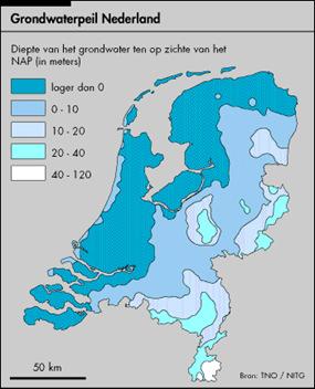 Grondwater onder woning (deel 2) Grondwaterprobleem; Het grootste deel van Nederland ligt onder de zeespiegel. Om hier te kunnen wonen zijn er dijken gebouwd en wordt het teveel aan water weggepompt.