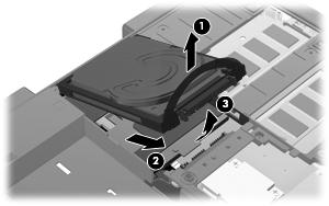 Druk de vaste schijf onder een hoek van 45 graden vooruit (2) tot de achterkant van de vaste schijf los is van de achterkant van de computer. 13.
