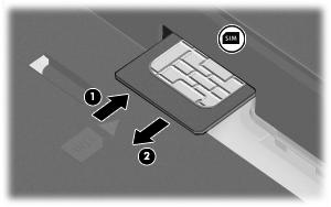 7. Druk de SIM-kaart iets naar binnen (1) en verwijder deze vervolgens uit het slot (2). 8. Plaats de accu terug. 9.
