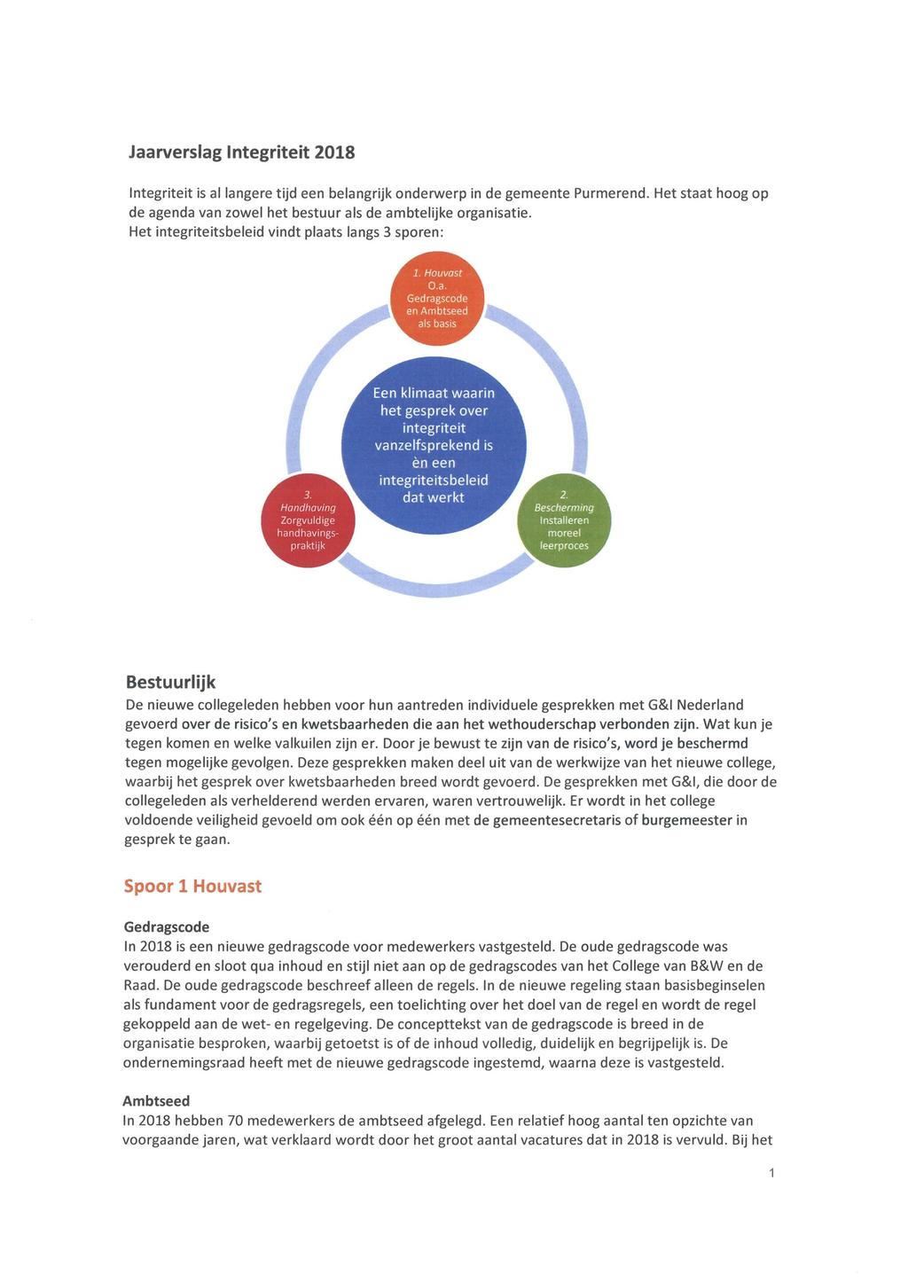 Jaarverslag Integriteit 2018 Integriteit is al langere tijd een belangrijk onderwerp in de gemeente Purmerend. Het staat hoog op de agenda van zowel het bestuur als de ambtelijke organisatie.