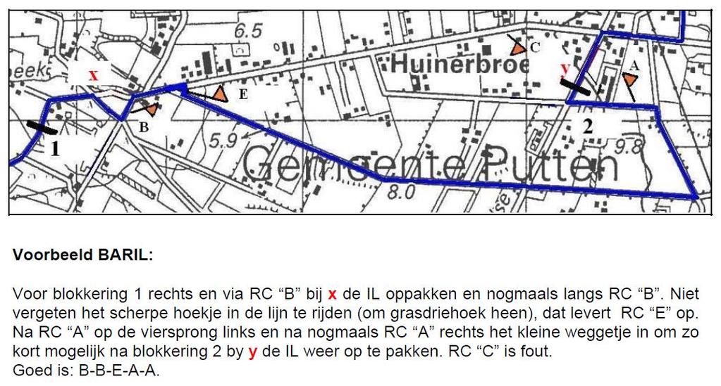 BARIL Sport Toer 1. Een op de kaart ingetekende lijn wordt onderbroken door (genummerde) barricade(s).