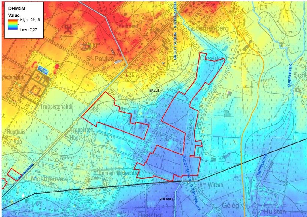 (lichtblauw = mogelijk overstromingsgevoelig; donkerblauw = effectief overstromingsgevoelig), volgens Ministerieel Besluit dd. 1/6/2014.