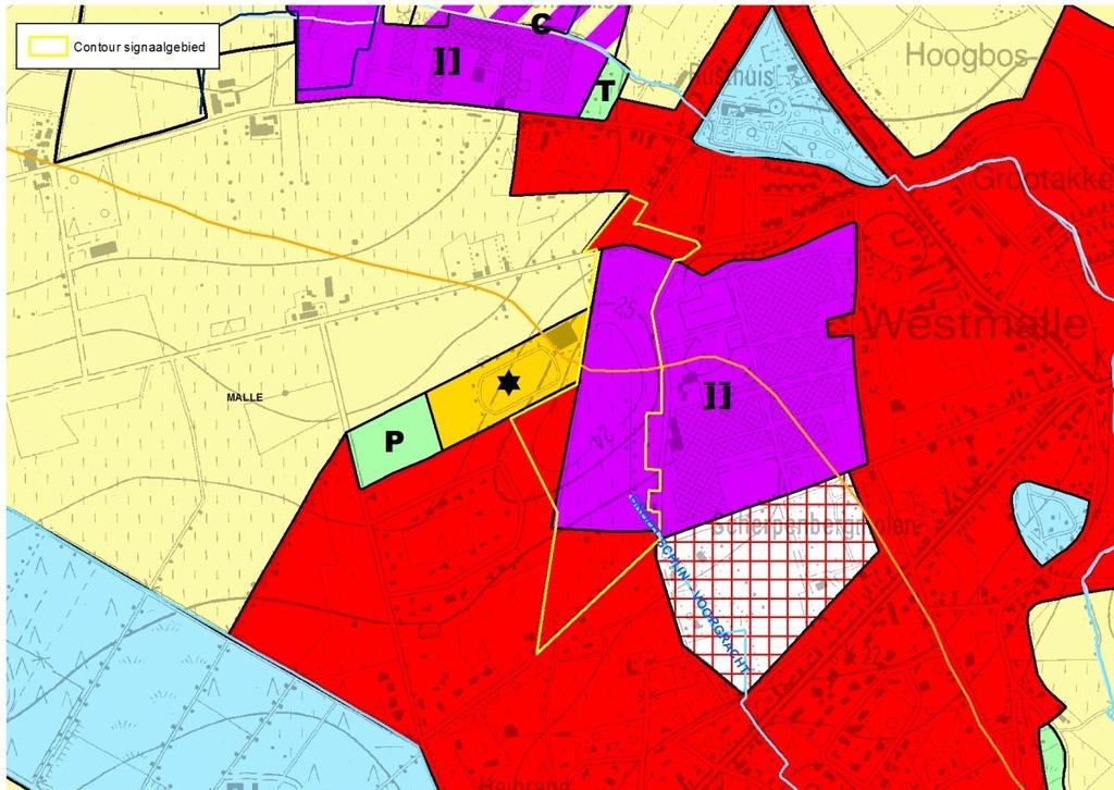 Figuur: situering signaalgebied op gewestplan met aanduiding van goedgekeurde BPA s en RUP s en weergave van de bebouwingstoestand volgens het Grootschalig Referentiebestand GRB.