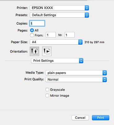 Afdrukken 5. Selecteer Printerinstellingen in het venstermenu. Als in Mac OS X v10.8.x of later het menu Printerinstellingen niet wordt weergegeven, is het Epson-printerprogramma fout geïnstalleerd.