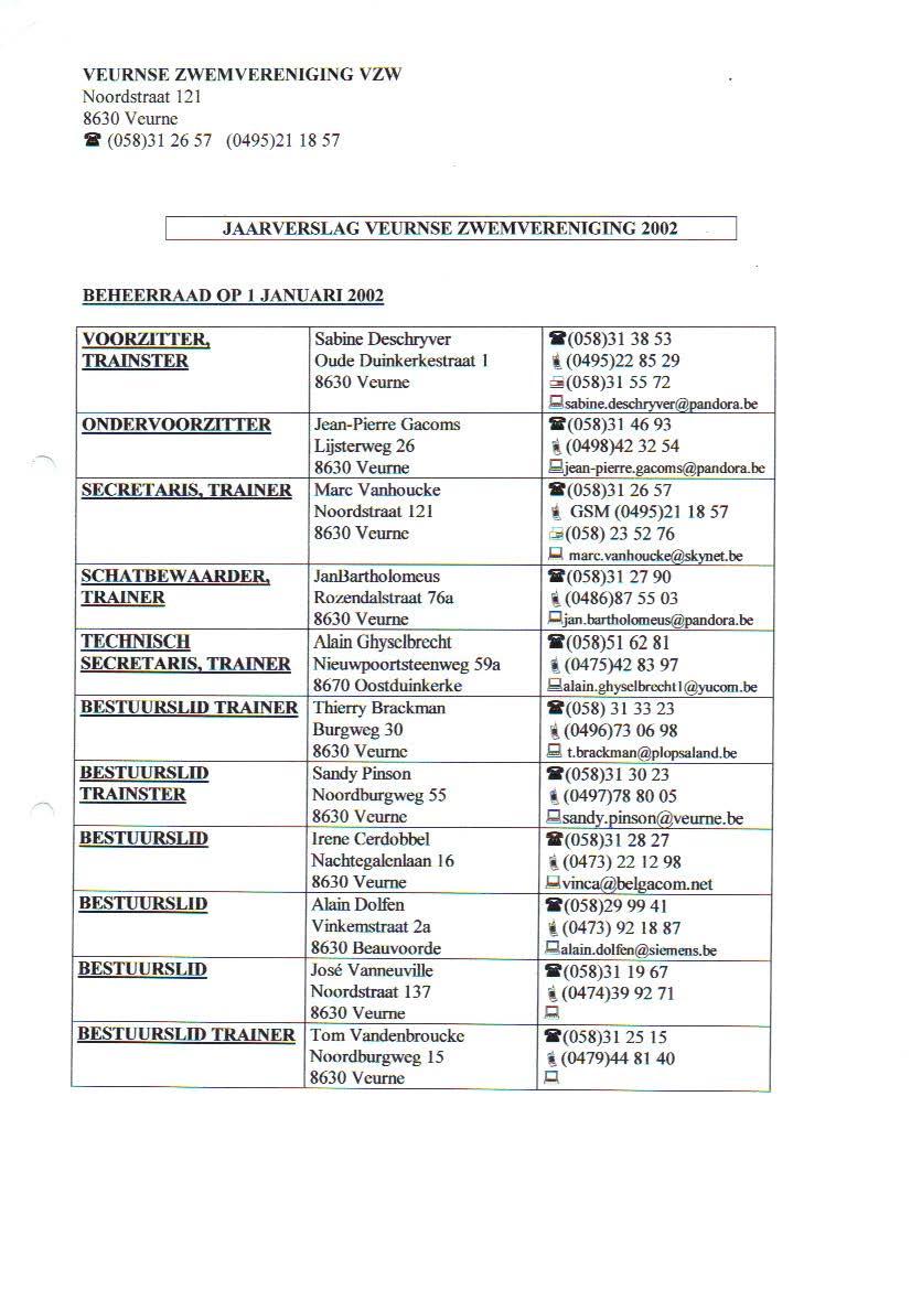 VEURNSE ZWEMVERENIGING VZW Noordstraat 121 8630 Veurne tl (058)31 26 57 (0495)21 18 57 JAARVERSLAG VEURNSE ZWEMVERENIGING 2002 BEHEERRAAD OP l JANUARI 2002 VOORZfITER.