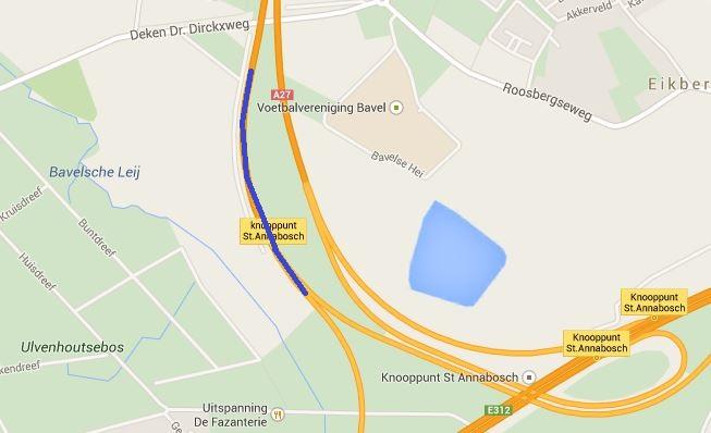 De A27 ten noorden van knooppunt Sint Annabosch wordt deels uitgebreid van twee naar vier rijstroken. Dit vindt plaats tussen km 2,2 en 2,9. Onderstaande figuur toont indicatief de locatie.