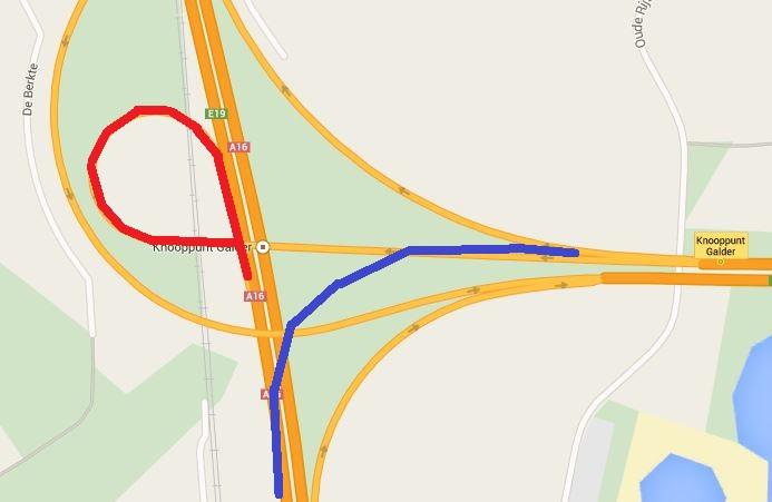 Bij knooppunt Galder wordt er een nieuwe boog aangelegd voor verkeer dat vanuit het oosten (A58) naar het zuiden (A16) (blauwe lijn schematische aanduiding) wil rijden.