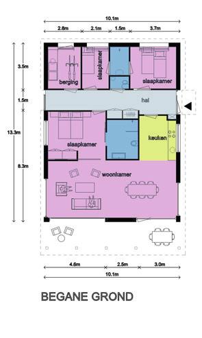 Bungalow KS 133 275.000 sleutelklaar (vanafprijs) 3 Slaapkamers 2 Badkamers 133 m² Kenmerk: KS 133-3766 Dakvorm: Lessenaarsdak Goothoogte in meters: 3,2 Nokhoogte in meter: 4 Woonkamer in m² (incl.