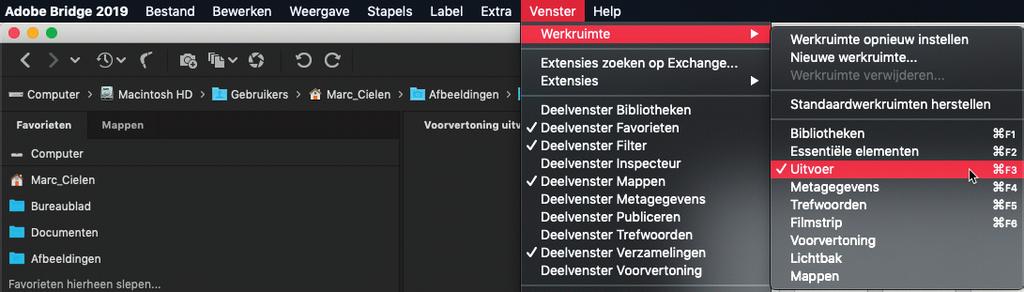 Ofwel zie je de werkruimten staan op de menubalk van Adobe Bridge, klik dan op Uitvoer 2.