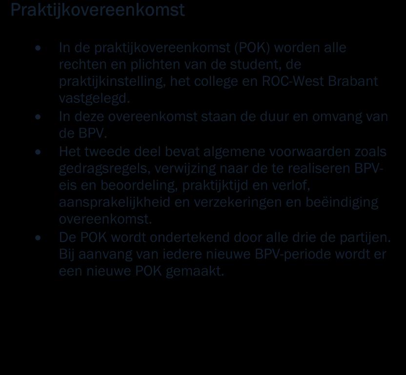 2.6.1 Praktijkovereenkomst Praktijkovereenkomst In de praktijkovereenkomst (POK) worden alle rechten en plichten van de student, de praktijkinstelling, het college en ROC-West Brabant vastgelegd.