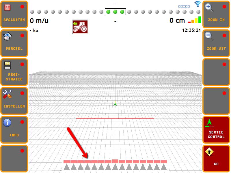 Als alle instellingen goed uitgevoerd zijn en de SmartSwitch Actuatorbox Light aangesloten is, dan zal in SBGuidance onder in het beeld een spuitboom weergegeven worden