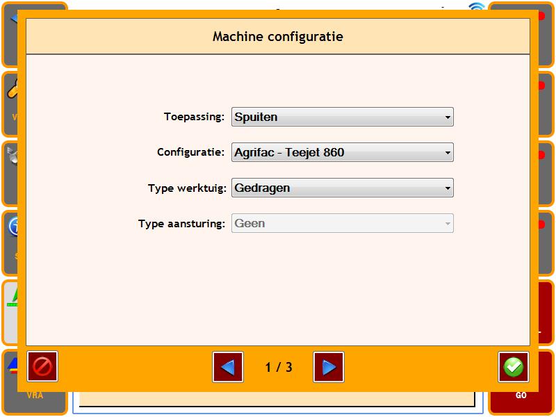 In dit geval moeten de volgende instellingen worden gekozen: Toepassing Configuratie Type Werktuig Type aansturing Spuiten Delvano CommanderUnit Machine afhankelijk Machine afhankelijk