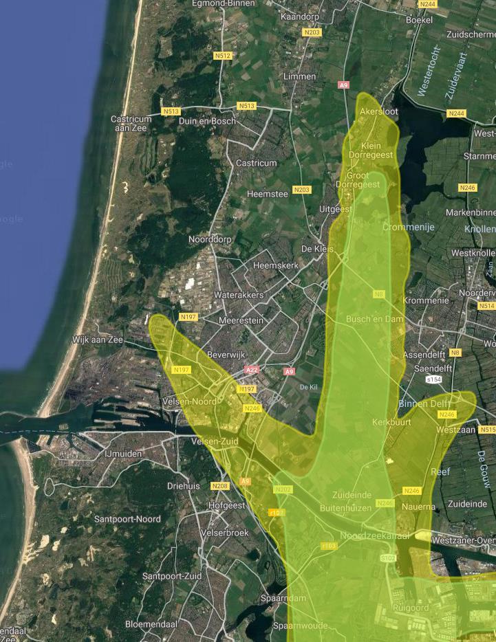 Afbeelding 10: 20Ke geluidscontour (geel) en LIB-4 contour