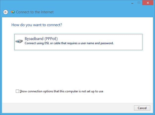 9. Selecteer Broadband (PPPoE) (Breedband (PPPoE)) en klik op Next (Volgende). 10. Voer uw gebruikersnaam, wachtwoord en verbindingsnaam in. Klik op Connect (Verbinden).