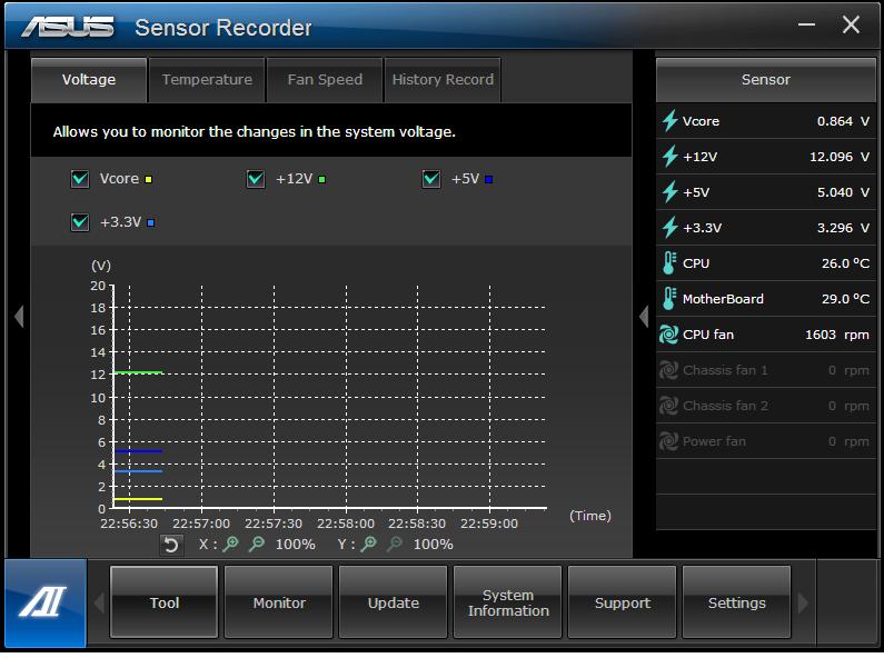 Sensor Recorder Met Sensor Recorder kunt u de wijzigingen in de systeemspanning, temperatuur en ventilatorsnelheid controleren en de wijzigingen opnemen.