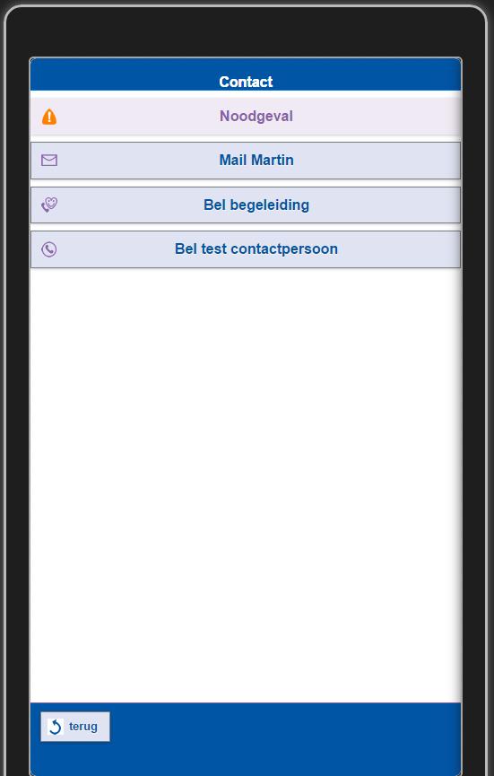Contactknop Het is mogelijk eenvoudig contact te leggen met bijvoorbeeld een PB-er of een zelf ingevoerde contactpersoon via de app.