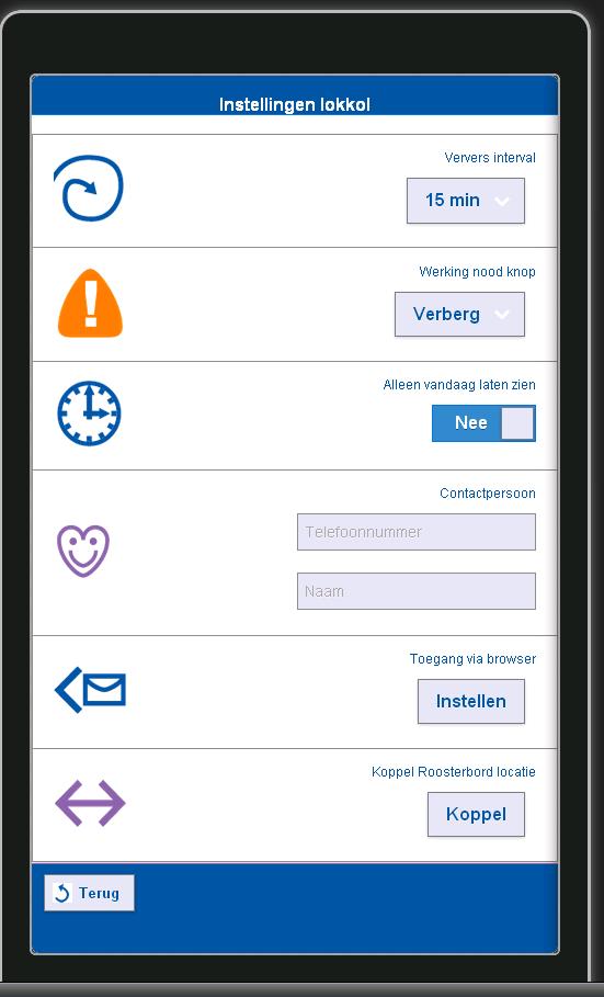 Instellingen op de app Het is mogelijk in te stellen hoe vaak de app contact maakt met de Roosterbord servers(indien er een netwerk verbinding beschikbaar is.