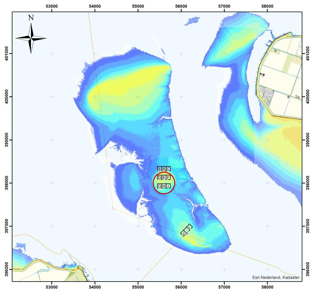 Figuur 2. Ligging van de telvakken op de Galgeplaat, Oosterschelde. De rode cirkel markeert de suppletie.