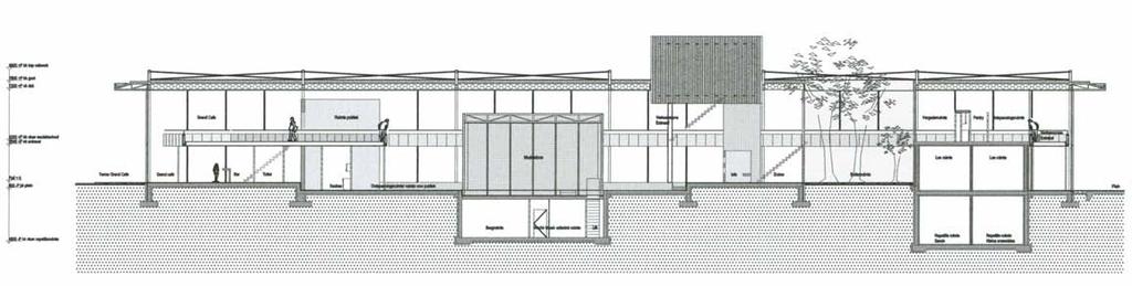 gebouw Dak is een zwevend element dat de verschillende paviljoens herbergt