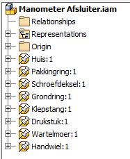 De samenstelling Vanuit het Part ga je nu in Manage en kies voor Make Components. Duid links in het venster alle solids aan. Je maakt nu een samenstellingstekening Manometer Afsluiter.