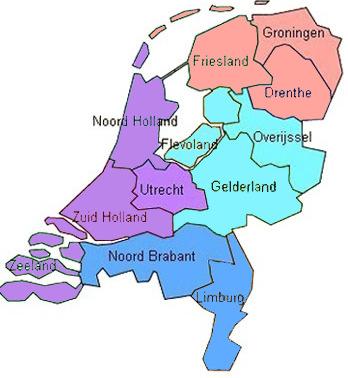 1. Regio Noord-Nederland (Drenthe, Groningen en Friesland) 2. Regio Oost-Nederland (Flevoland, Overijssel en Gelderland) 3. Regio West-Nederland (Noord-Holland, Zuid- Holland, Utrecht en Zeeland) 4.