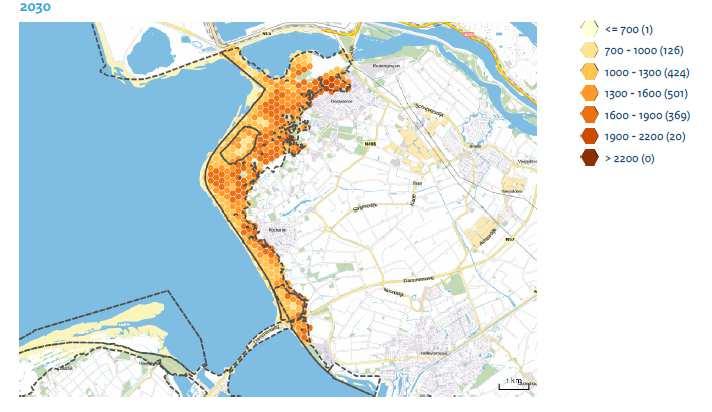 Figuur 3.4. Stikstofdepositie in Voornes Duin in 2014 (boven), 2020 (midden) en 2030 (onder) (AERIUS Monitor 16L).