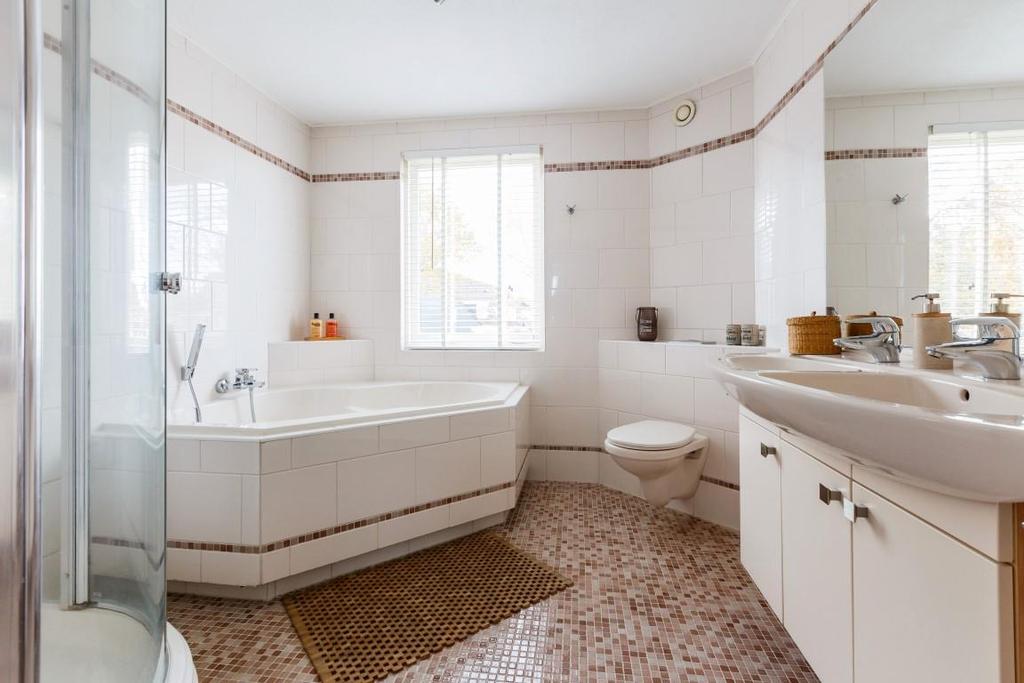 De badkamer: De riante badkamer is afwisselend betegeld met lichte wandtegels