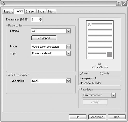 Tabblad Papier De volgende opties voor papierinstellingen zijn beschikbaar in het eigenschappenvenster van de printer.