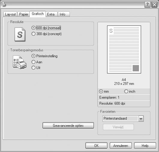 Tabblad Grafisch Met behulp van de volgende grafische instellingen regelt u de afdrukkwaliteit. Zie Documenten afdrukken op pagina 12 voor meer informatie over de voorkeursinstellingen voor afdrukken.