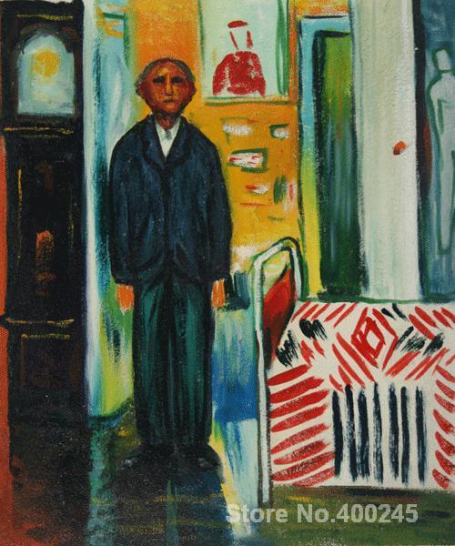 Zelfportret tussen klok en bed uit 1940 1942 Op de achtergrond zie je schilderijen over zijn leven. Het bed is als een doodskleed en de klok heeft geen wijzers. In 1944 sterft Munch.