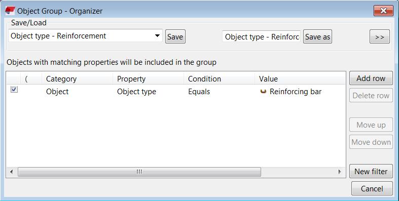 Als u geen filter voor wapening hebt, klikt u op Objectgroep en maakt u een filter zoals in onderstaande afbeelding wordt weergegeven. 2. Selecteer een eigenschappentemplate voor de Objectbrowser.