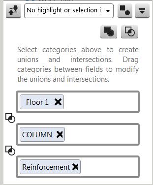 De Objectbrowser geeft met een combinatie van de eigenschappentemplates van alle geselecteerde categorieën de wapeningsstaven weer die tot de kolommen op Vloer 1