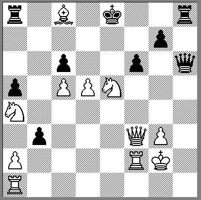 21. dxe5 Dxe5 22. Lxc8 f6 Toen begon ik lang na te denken. Wit staat een stuk voor en tijd en toch heb ik het spannend laten worden. 23. Pd3 Dd4+ 24. Kg2 b3 25. exd5 hxg3 26. hxg3 Le5 27.