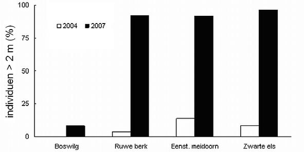 100 2004 aanwezigheid per plot (%) 75 50 25 2007 0 Bosw ilg Ruw e berk andere soorten Figuur 4.15.