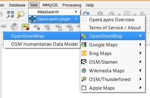 - Je laadt een OpenStreetMap kaart van de wereld in QGIS. Selecteer hiervoor in de menubalk de optie Web en beweeg je muis over de optie OpenLayers plugin. Je krijgt een ander menu te zien.